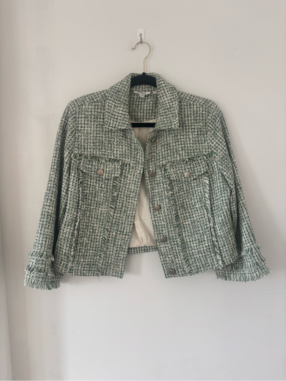 Chico's 8 Textured Green Tweed Blazer Jacket with Fringe Trim